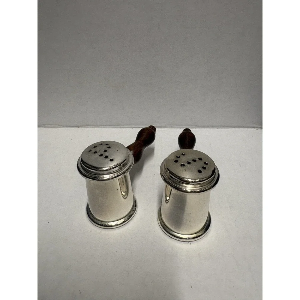 Silver plated Salt & Pepper Shaker‎ Hammer shape small vintage wood handles